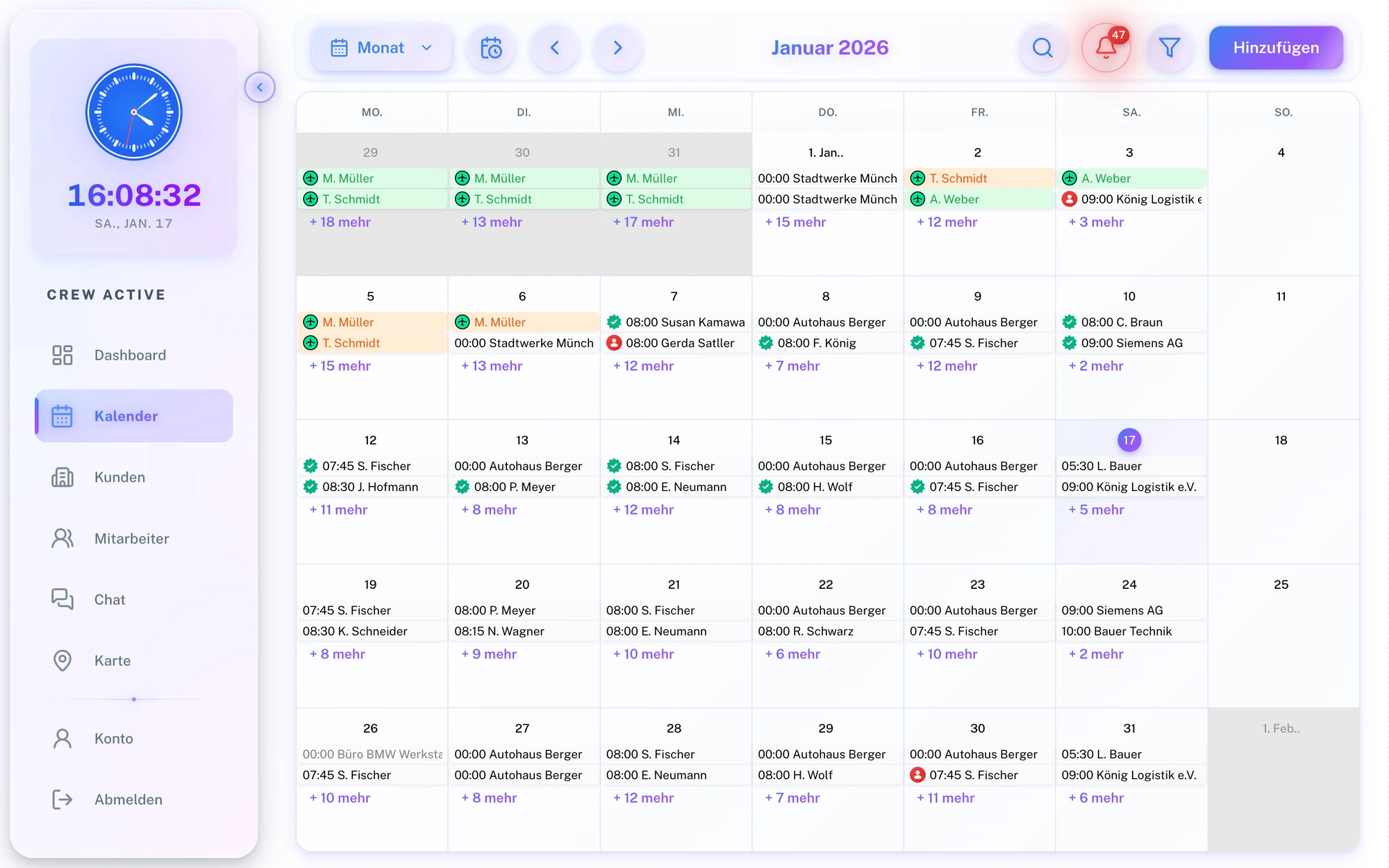 Crew Active Dashboard: Einsatzplanung und Zeiterfassung Übersicht mit Kalender, Mitarbeiterverwaltung und Auftragsstatus